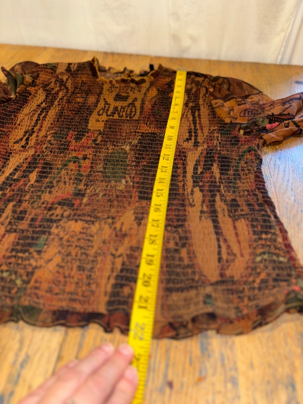 DESIGUAL Brown Printed Smocked Mesh Top Size XL - Picture 10 of 10